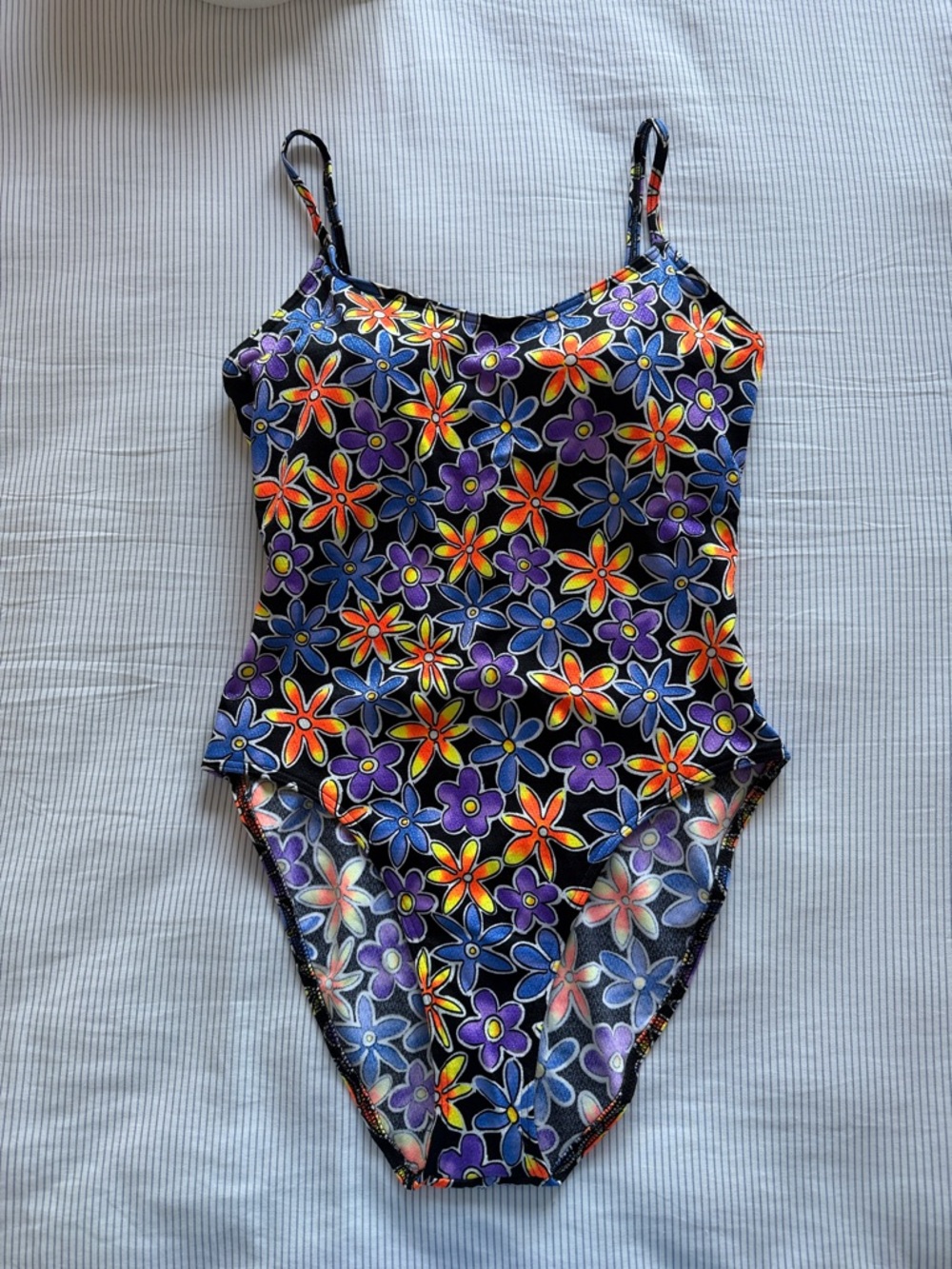 Retro Floral One-Piece Swimsuit — Black with Purple & Orange Flowers